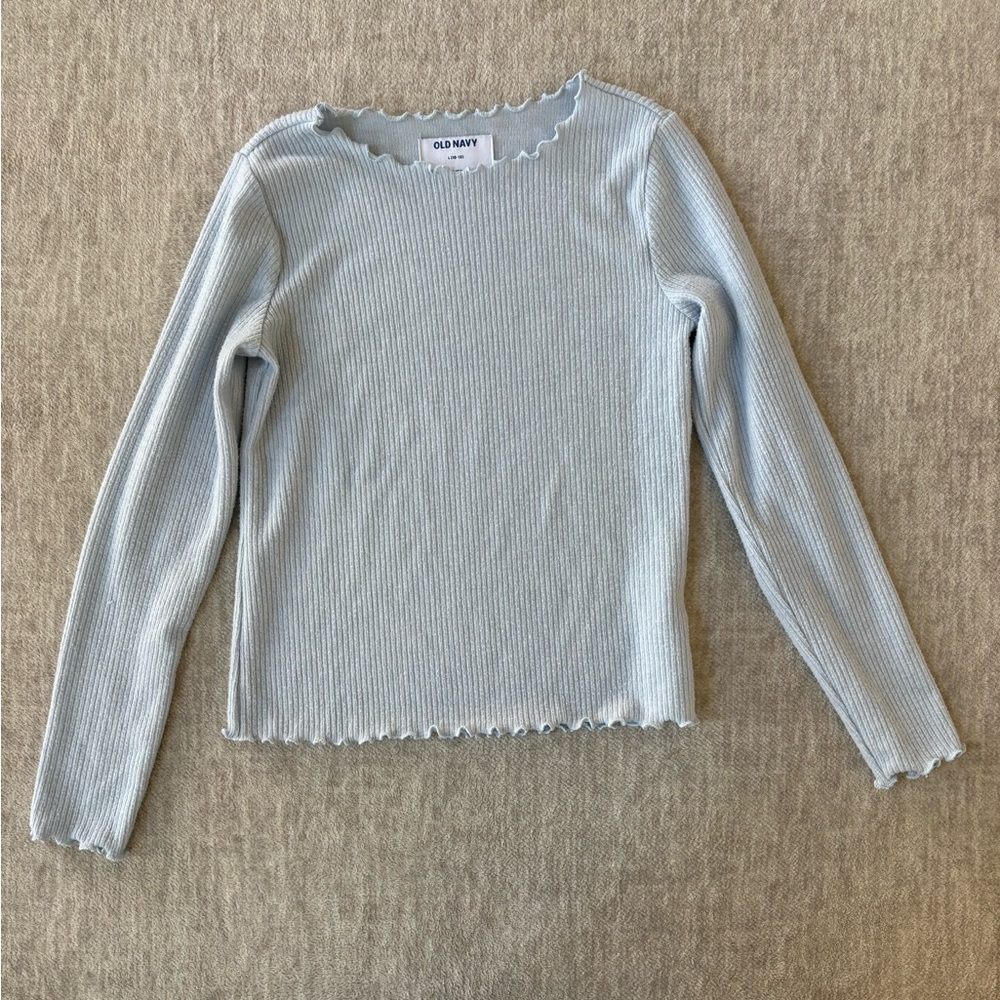 Old Navy Light Blue Ribbed Lettuce-Edge Long Sleeve Sweater